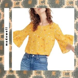 Madewell yellow floral openback top with bell flowy short sleeve